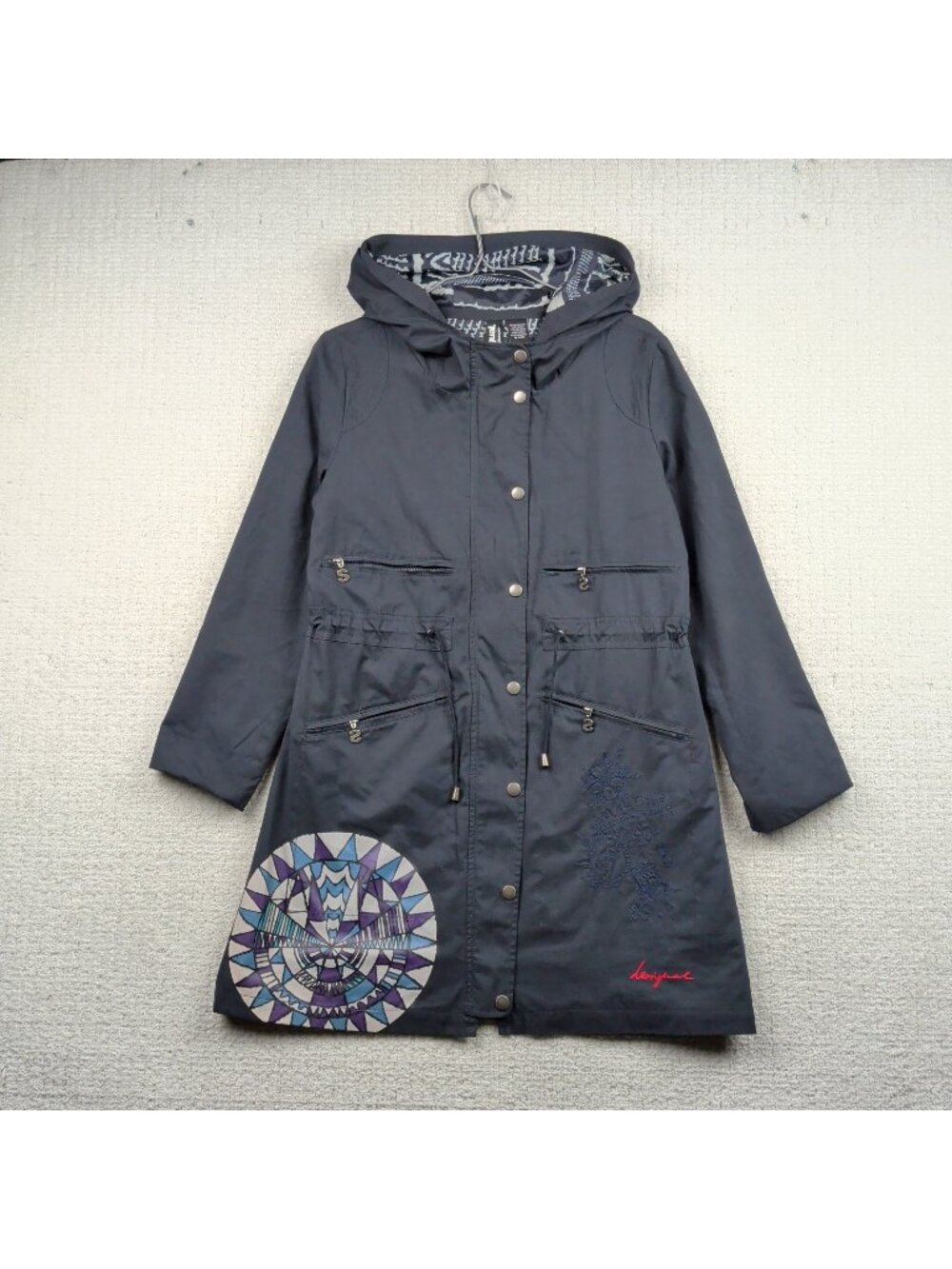 Desigual Mandala Floral Parka Coat Long Rain Jacket Dark Blue Wom Sz 40 Boho Art